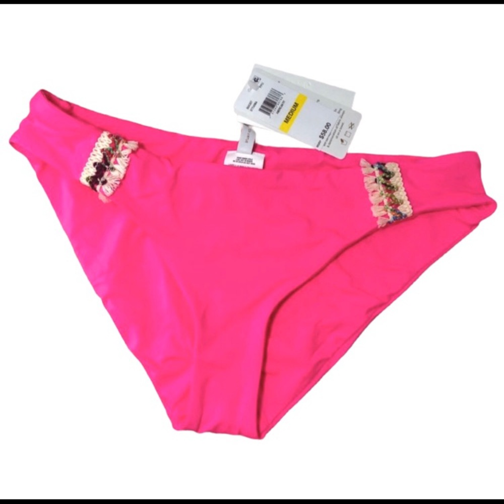 BECCA Solid Hot Pink Boho Fringe Swim Bikini Bottom Medium